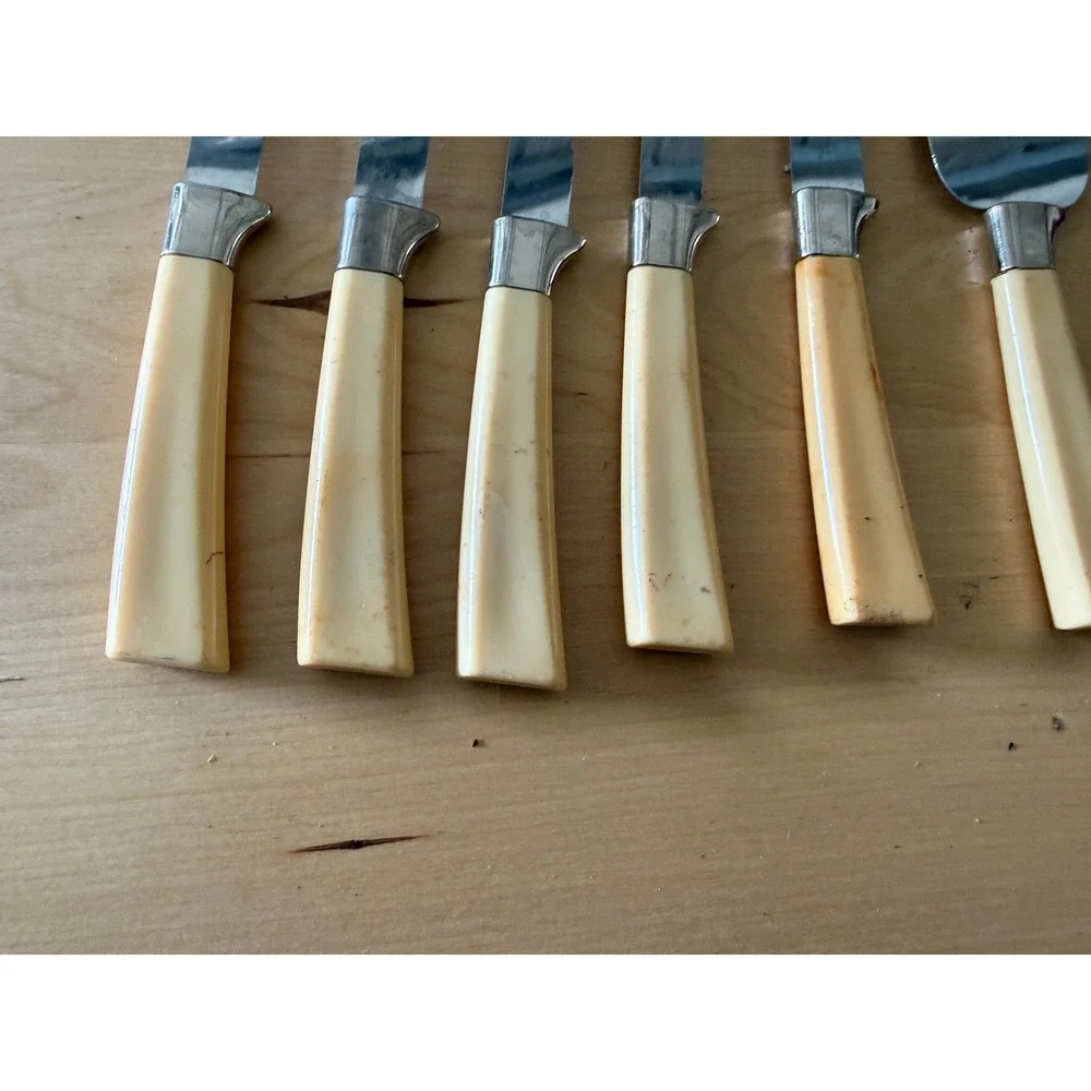 Vintage Regent Sheffield‎ England 6pc Cutlery Set MCM Stag Leaf Handle Knives